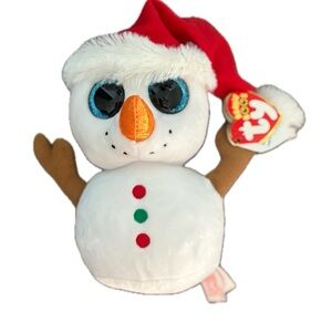 Ty Beanie Boo Snowman Plush with Santa Hat — Christmas Holiday Stuffed Animal